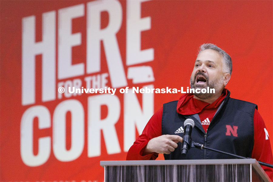 Husker football coach Matt Rhule addressed the crowd at the Admitted Student Day pep rally. Admitted Student Day is UNL’s in-person, on-campus event for all admitted students. March 23, 2024. Photo by Craig Chandler / University Communication and Marketing.