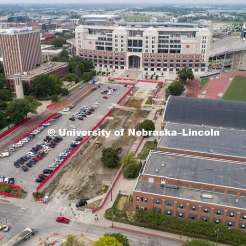 Aerial of construction on Memorial Loop east of Memorial Stadium. June 6, 2018. Photo by Craig Chandler / University Communication.