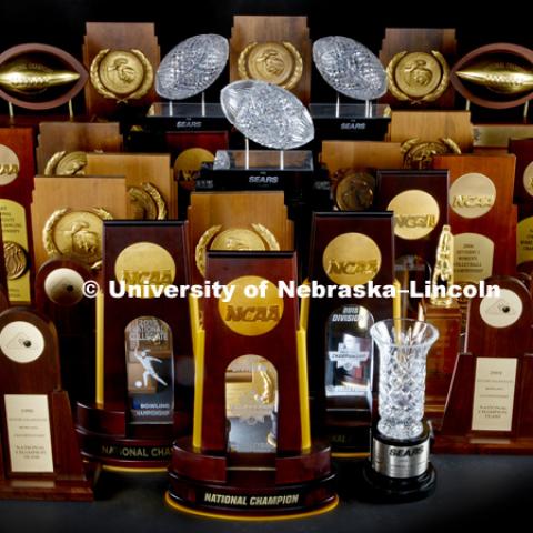 Nebraska's Championship trophies all together. Photographed for the N150 anniversary book. June 26, 2018. Photo by Craig Chandler / University Communication.