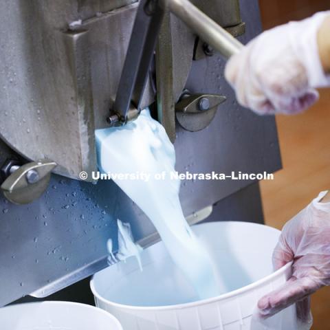 The first batch pours into the bucket. From there, the lid is added and it moves to the freezer. Dairy Store making Shark Week ice cream with gummy sharks in a light blue ice cream. July 18, 2018. Photo by Craig Chandler / University Communication.