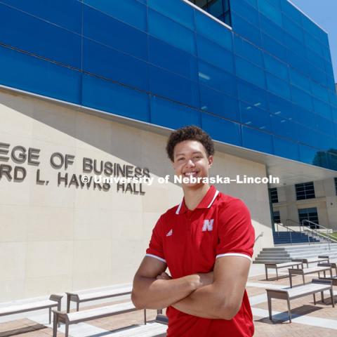 Isaiah Roby, College of Business marketing major is pictured outside of Hawks Hall College of Business. July 19, 2018. Photo by Craig Chandler / University Communication.