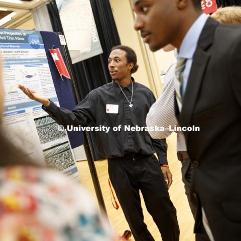Khalil Bryant, explains his poster entitled "Aspect ratio driven optical properties of glancing angle deposited thin films. Khalil’s research advisor this summer was Mathias Shubert and Khalil was in the Nanohybrid Functional Materials REU program. Summer