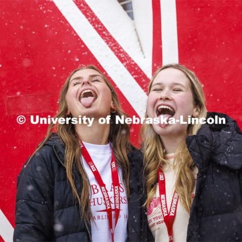 New fall roommates Aubrey Marra of Hall, Iowa, and Ella Shidler of Omaha pose for a photo in front of the inflatable N outside the Nebraska Union. They were both part of Admitted Student Day and met in person for the first time since enrolling at UNL. Admitted Student Day is UNL’s in-person, on-campus event for all admitted students. March 23, 2024. Photo by Craig Chandler / University Communication and Marketing.