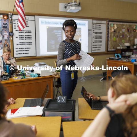 Tori Thomas, a senior secondary education major student teaches in a social studies class at Lincoln Northeast high school. April 16, 2024. Photo by Craig Chandler / University Communication and Marketing.
