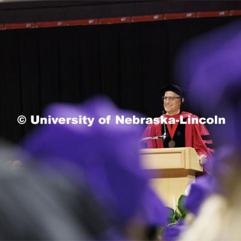 Dean Richard Moberly addresses the graduates. College of Law commencement in Devaney on the volleyball court. May 3, 2024. Photo by Craig Chandler / University Communication and Marketing.