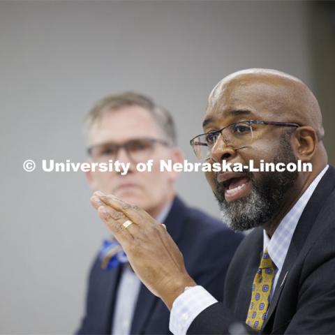 Chancellor Rodney D. Bennett, right, and interim dean Nick Pace today at the CEHS listening session. May 6, 2024. Photo by Craig Chandler / University Communication and Marketing.
