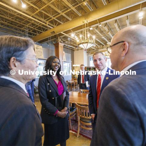 USDA Under Secretary Chavonda Jacobs-Young and Interim President Chris Kabourek talk with USDA ARS Administrator Simon Liu and University of Nebraska Vice President for Ag and Natural Resources Mike Boehm before the ceremony. The U.S. Department of Agriculture's (USDA's) Agricultural Research Service (ARS), the University of Nebraska–Lincoln (UNL), and Nebraska Innovation Campus held a groundbreaking ceremony today to launch the construction of the National Center for Resilient and Regenerative Precision Agriculture. May 6, 2024. Photo by Craig Chandler / University Communication and Marketing.