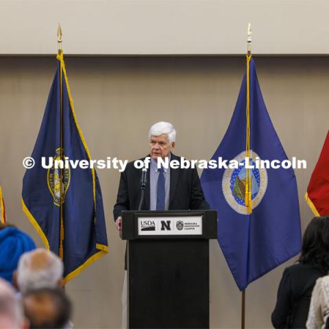 Larry Chandler, Director of Plains Area of the USDA-ARS welcomes the crowd. The U.S. Department of Agriculture's (USDA's) Agricultural Research Service (ARS), the University of Nebraska–Lincoln (UNL), and Nebraska Innovation Campus held a groundbreaking ceremony today to launch the construction of the National Center for Resilient and Regenerative Precision Agriculture. May 6, 2024. Photo by Craig Chandler / University Communication and Marketing.