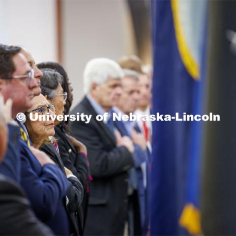 Dignitaries including Senator Deb Fischer listen to the National Anthem. The U.S. Department of Agriculture's (USDA's) Agricultural Research Service (ARS), the University of Nebraska–Lincoln (UNL), and Nebraska Innovation Campus held a groundbreaking ceremony today to launch the construction of the National Center for Resilient and Regenerative Precision Agriculture. May 6, 2024. Photo by Craig Chandler / University Communication and Marketing.