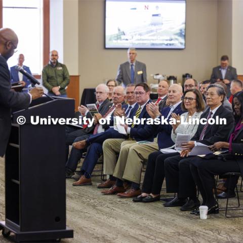 Chancellor Rodney D. Bennett addresses the crowd. The U.S. Department of Agriculture's (USDA's) Agricultural Research Service (ARS), the University of Nebraska–Lincoln (UNL), and Nebraska Innovation Campus held a groundbreaking ceremony today to launch the construction of the National Center for Resilient and Regenerative Precision Agriculture. May 6, 2024. Photo by Craig Chandler / University Communication and Marketing.