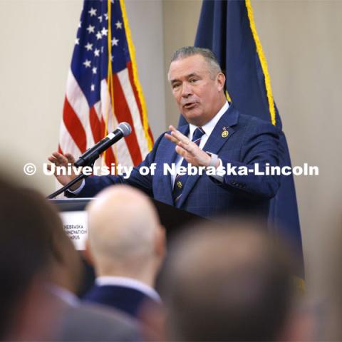 U.S. Rep. Don Bacon speaks to the gathering. The U.S. Department of Agriculture's (USDA's) Agricultural Research Service (ARS), the University of Nebraska–Lincoln (UNL), and Nebraska Innovation Campus held a groundbreaking ceremony today to launch the construction of the National Center for Resilient and Regenerative Precision Agriculture. May 6, 2024. Photo by Craig Chandler / University Communication and Marketing.