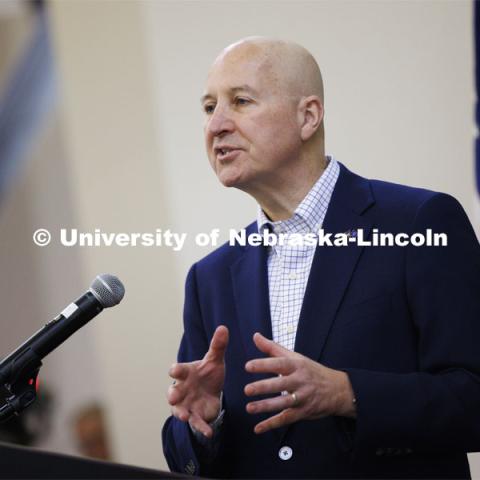 Senator Pete Ricketts speaks to the crowd. The U.S. Department of Agriculture's (USDA's) Agricultural Research Service (ARS), the University of Nebraska–Lincoln (UNL), and Nebraska Innovation Campus held a groundbreaking ceremony today to launch the construction of the National Center for Resilient and Regenerative Precision Agriculture. May 6, 2024. Photo by Craig Chandler / University Communication and Marketing.