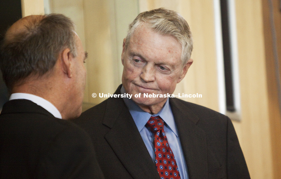 UNL Athletic Director Tom Osborne talks with Big Ten Commissioner James Delaney during the press conference. The University of Nebraska–Lincoln joined the Big Ten Conference today. Photo by Craig Chandler / University Communications