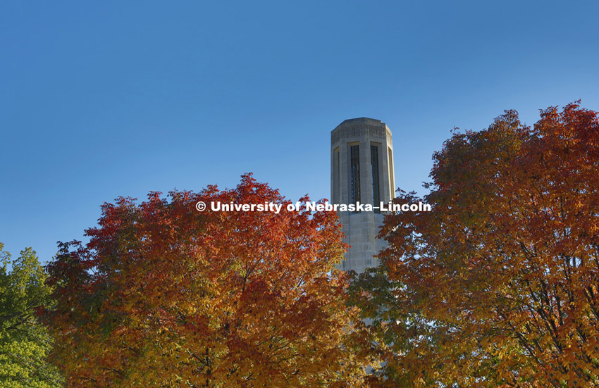 Mueller bell tower. Fall city campus. October 14, 2015. Photo by Craig Chandler / University Communications