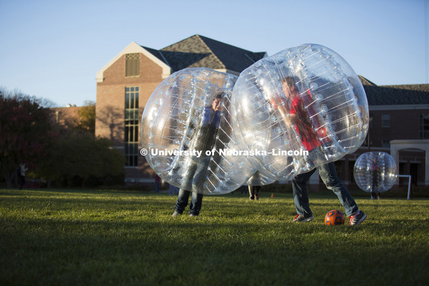 Bubble soccer sponsored by Scarlet Guard held on green space in front of Selleck Residence Hall and Nebraska Union. October 29, 2015. Photo by James Wooldridge for  University Communications
