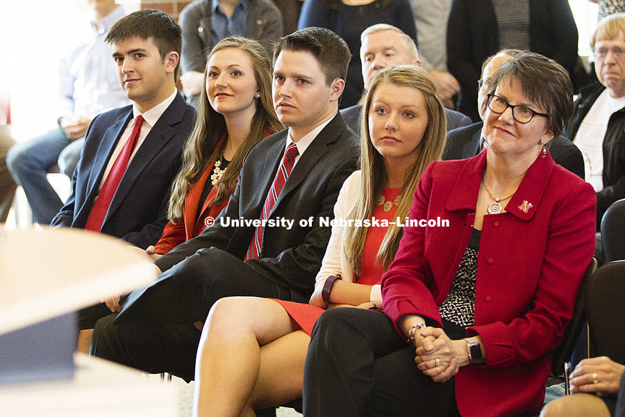 Chancellor Ronnie Green's family watches during his acceptance remarks. From right is wife, Jane, and their children: Reagan, Nate, Kelli and Justin. Ronnie Green was named the new UNL Chancellor Wednesday afternoon. April 6, 2016. Photo by Craig Chandler / University Communications