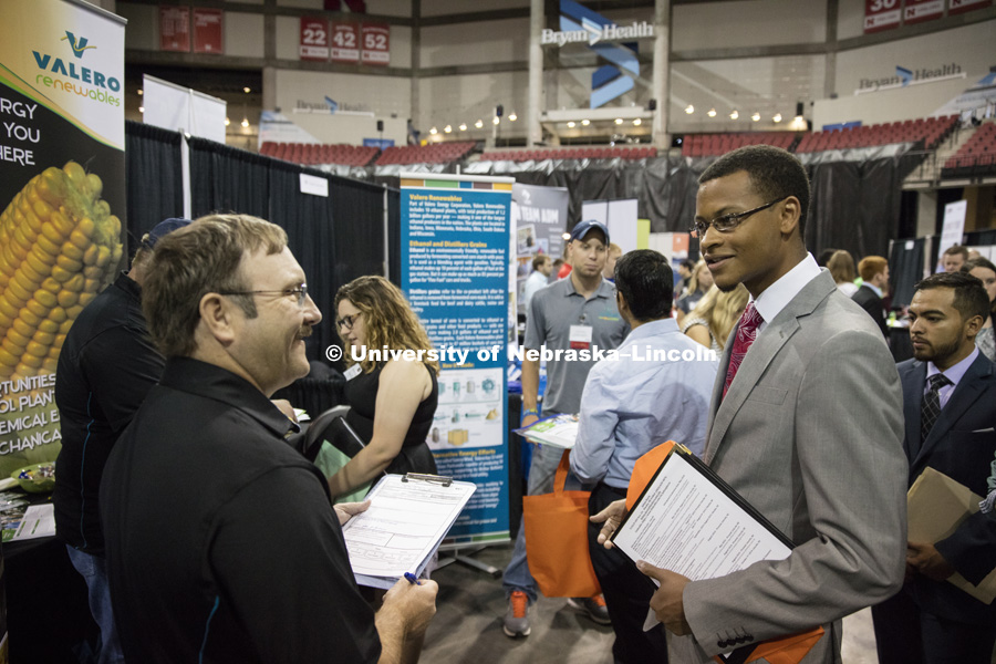 STEM Career Fair (Science, Technology, Engineering, and Math) career fair in Pinnacle Bank Arena. Sponsored by Career Services. September 29, 2016. Photo by Craig Chandler / University Communication Photography.