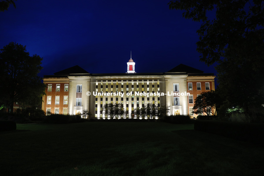 South side of Love Library at night. September 30, 2016. Photo by Craig Chandler / University Communication Photography.