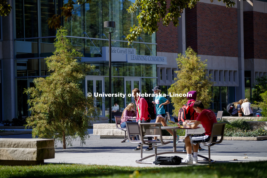 Students crossing campus between classes and studying on the Union Plaza. October 5, 2016.   Photo by Craig Chandler / University Communication Photography.