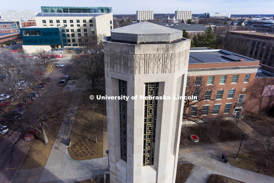 Mueller Bell Tower on city campus will need restoration work. February 10, 2017. Photo by Craig Chandler / University Communication.