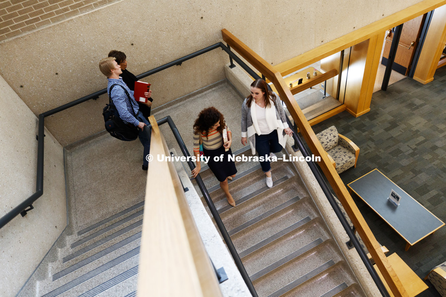Students in the stairwell at the Law College. College of Law photo shoot. March 9, 2017. Photo by Craig Chandler / University Communication.