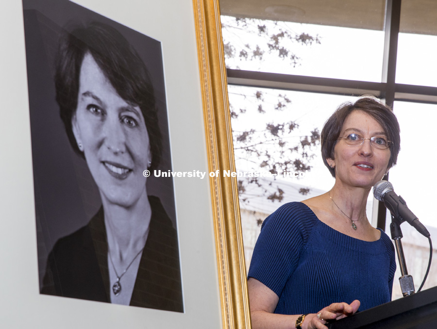 Former Law Dean Susan Poser speaks at the unveiling of her portrait to hang in the hall of deans at the college. Opening of new Marvin and Virginia Schmid Law Clinic and unveiling of former Dean Susan Poser portrait. March 31, 2017. Photo by Craig