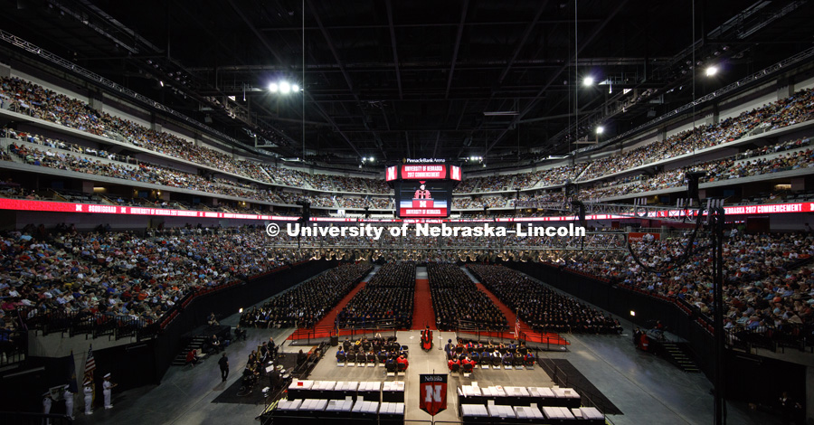 Chancellor Ronnie Green opens the spring commencement in a packed Pinnacle Bank Arena. Students received their undergraduate diplomas Saturday morning in Lincoln's Pinnacle Bank Arena. 2452 degrees were awarded Saturday morning. May 6, 2017. Photo by