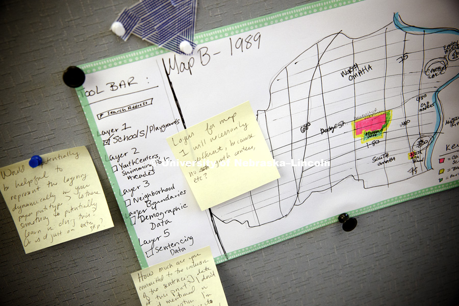 Pin boards are used to graphically show progress of each person's project.  Others are encouraged to collaborate and leave notes for improvement. Digital Scholarship Incubator. August 1, 2017. Photo by Craig Chandler / University Communication.