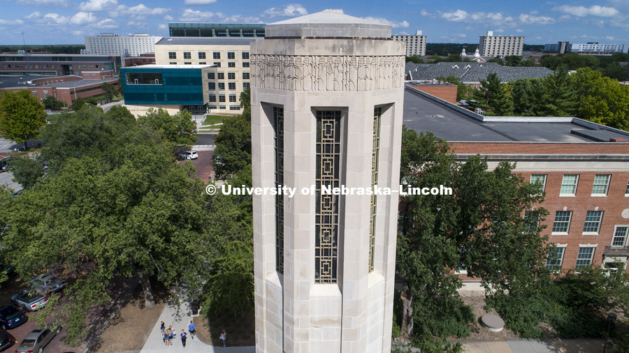 High angle view of the Mueller Bell Tower and the east part of UNL City Campus. August 3, 2017. Photo by Craig Chandler / University Communication.