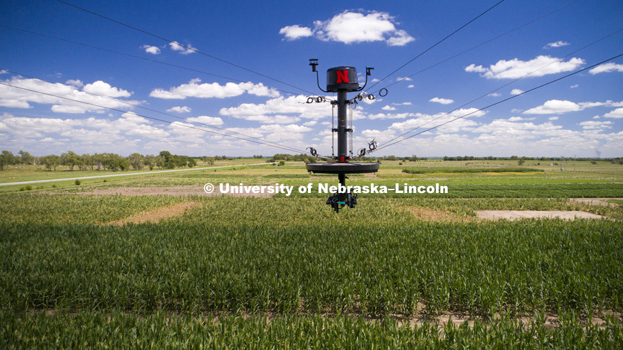Phenotyping equipment at the University of Nebraska Eastern Nebraska Research and Extension Center (ENREC) near Mead, NE. The equipment scales up to field size phenotyping previously only done in the greenhouse. August 4, 2017. Photo by Craig Chandler /