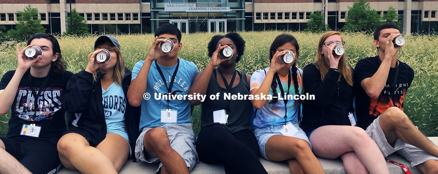 First Husker Program Photo Scavenger Hunt. Students spell out letters of the word "Husker" at various landmarks and student service locations. August 15, 2017. Photo courtesy First Husker Program.
