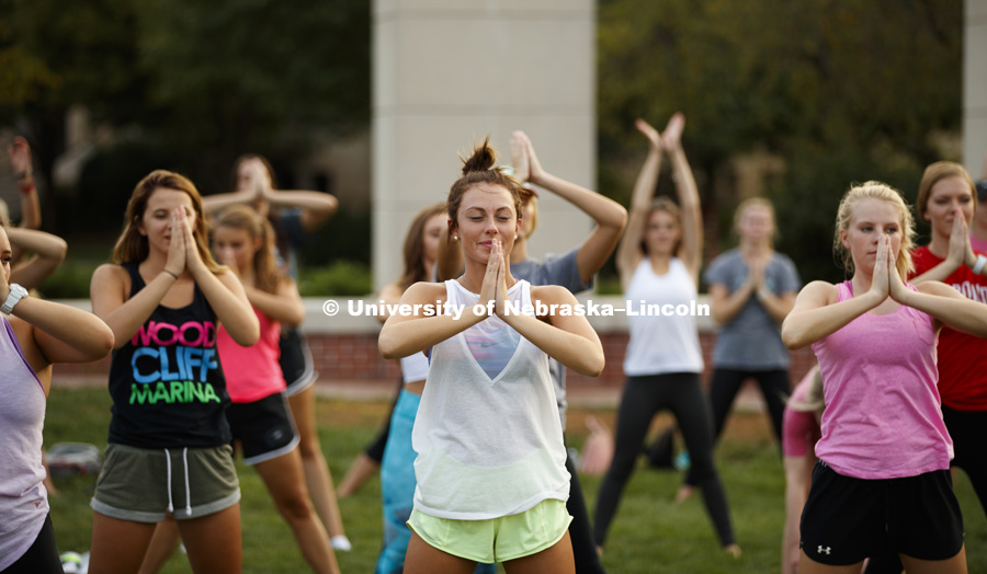 Yoga on the Union green space as part of Sorority Recruitment Week, 2017. August 15, 2017. Photo by Craig Chandler / University Communication.