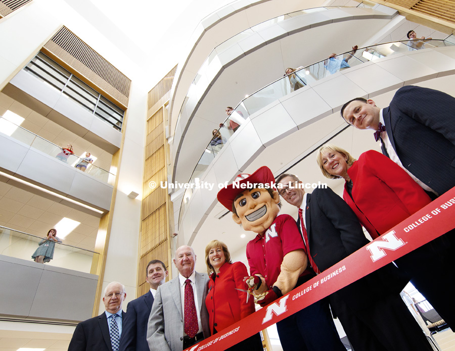 Nebraska College of Business is officially "Open for Business" in their new home, Howard L. Hawks Hall. VIPs cutting the official opening ribbon, include; Bob Whitehouse (Board of Regents), Howard Hawks (donar), Kathy Farrell, Herbie Husker, Chancellor