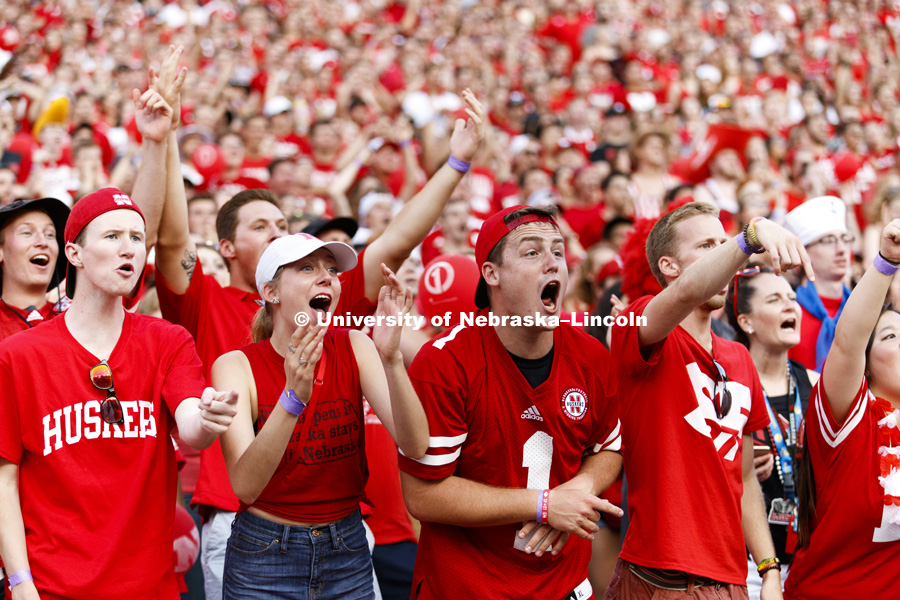 Husker fans react to a good play. Nebraska football vs. Arkansas State. September 2, 2017. Photo by Craig Chandler / University Communication.