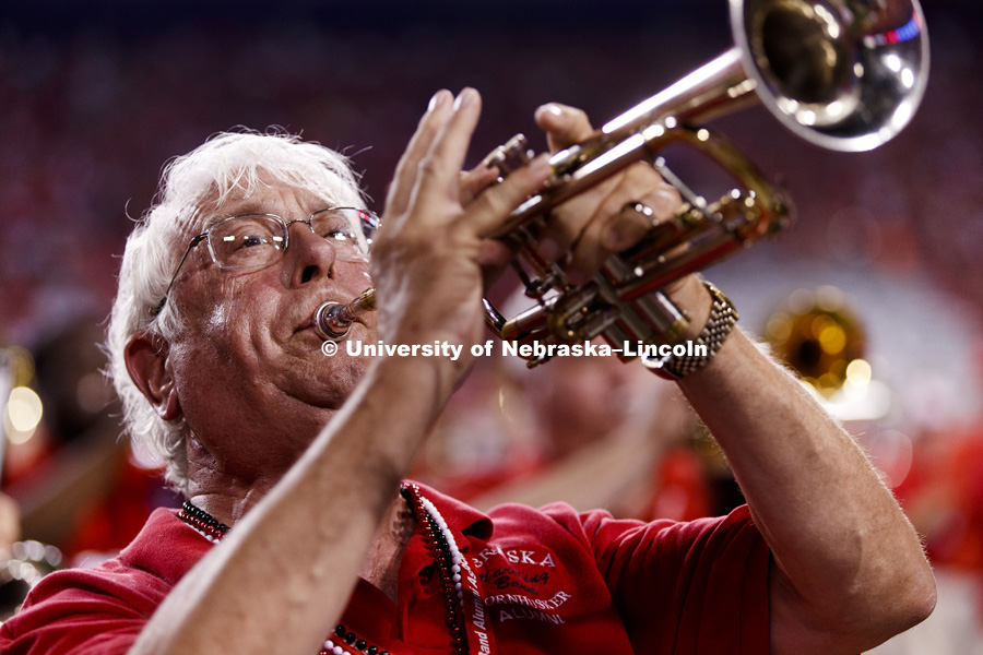 The Cornhusker Alumni Band also performed at halftime. Jim Condon, a trumpet player on the band in 1967-1970 showed he still has the music in him. Nebraska football vs. Arkansas State. September 2, 2017. Photo by Craig Chandler / University Communication.