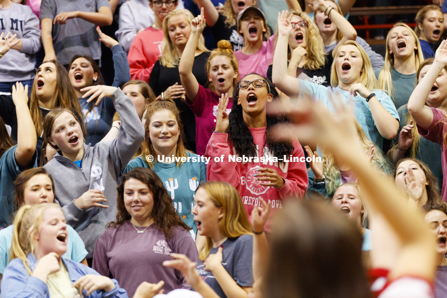 Phi Mu sorority members cheer before the start of Huskers Have Talent competition at the Coliseum. September 18, 2017. Photo by Craig Chandler / University Communication.
