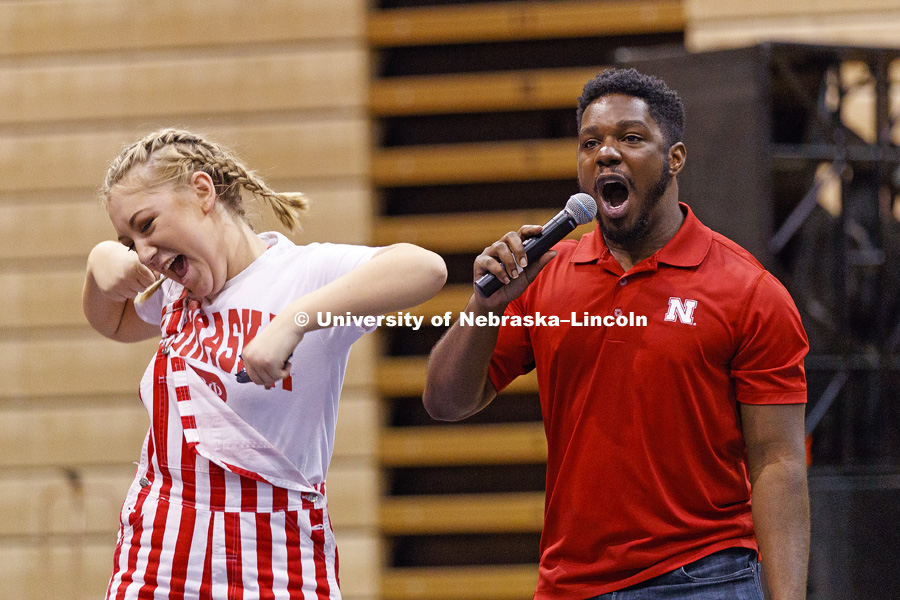 MC DeWayne Taylor yells to the crowd as members of Pi Phi, Farmhouse and Beta Theta Pi take the floor for Huskers Have Talent competition at the Coliseum. September 18, 2017. Photo by Craig Chandler / University Communication.