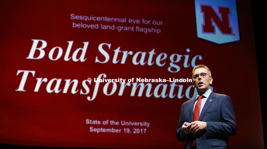 Chancellor Ronnie Green delivers the 2017 State of the University address. September 19, 2017. Photo by Craig Chandler / University Communication.
