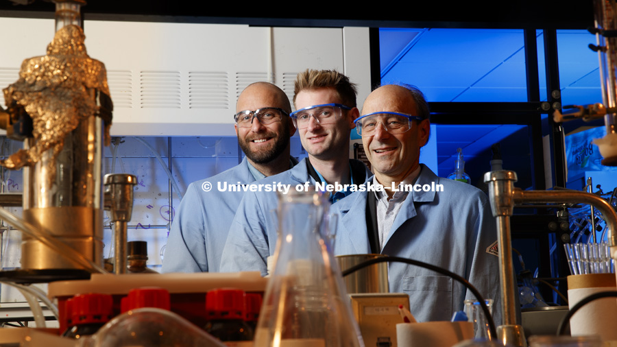 From right: David Berkowitz, Matt Beio, and Chris McCune in their Hamilton Hall chemistry lab. November 2, 2017. Photo by Craig Chandler / University Communication.
