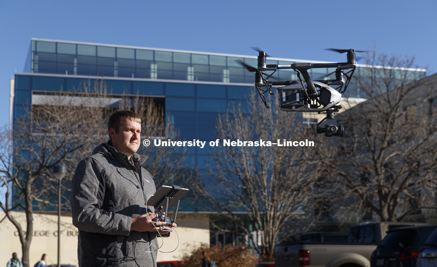 Justin Keyser is a UNL College of Business graduate and founder of Digital Sky, a drone-based aerial photography business. November 30, 2017. Photo by Craig Chandler / University Communication.