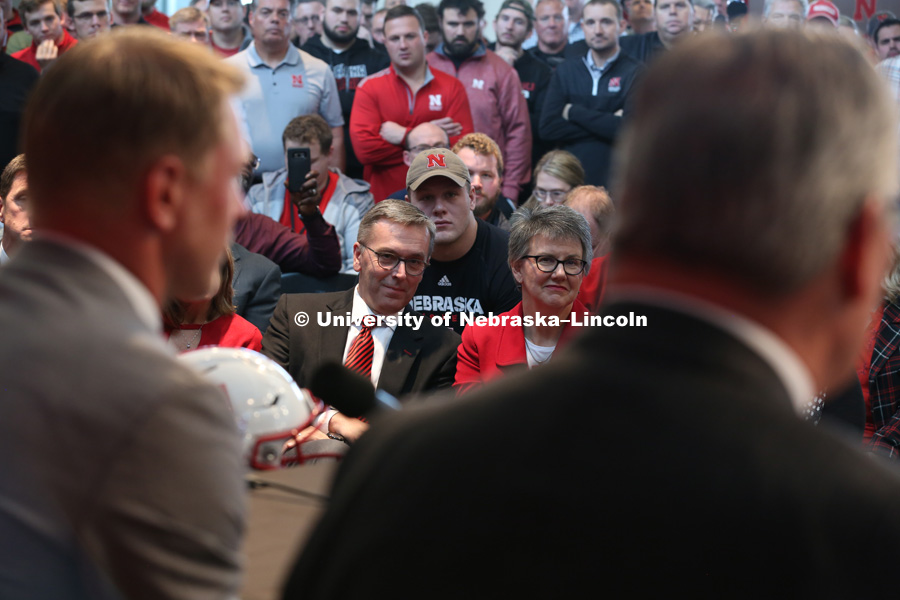 Chancellor Ronnie Green and is wife, Jane, listen as Scott Frost is introduced as the Huskers head football coach at a Sunday press conference. December 3, 2017. Photo by Dave Fitzgibbon / University Communication.