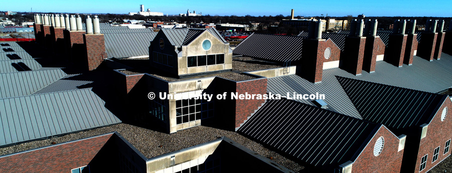 Aerial view of the rooftops of Beadle Hall. December 7, 2017. Photo by Craig Chandler / University Communication.