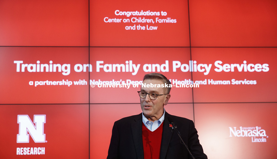 Chancellor Ronnie Green speaks at the award ceremony. The Center on Children, Families and the Law has won a $12 million award from the Nebraska Department of Health and Human Services to prepare newly hired child-welfare professionals to strengthen