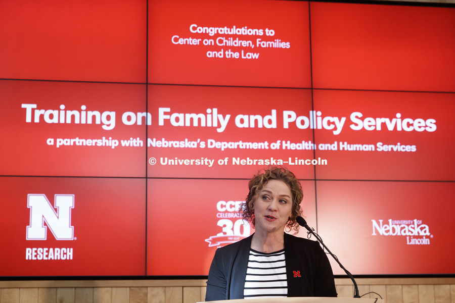 Eve Brank, center director and associate professor of psychology, talks at the award ceremony. The Center on Children, Families and the Law has won a $12 million award from the Nebraska Department of Health and Human Services to prepare newly hired child