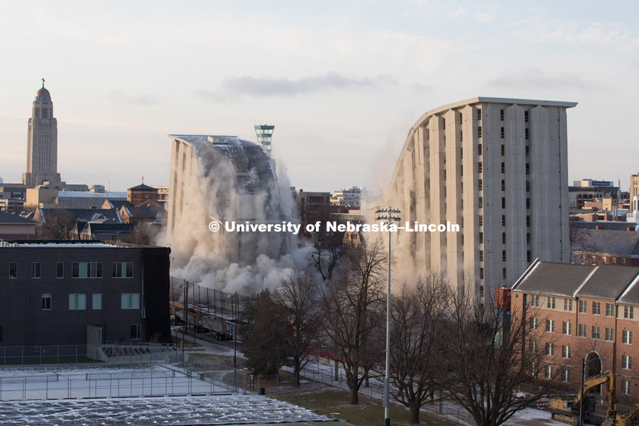 Cather and Pound Residence Halls implosion. December 22, 2017. Photo by Greg Nathan, University Communication Photography.