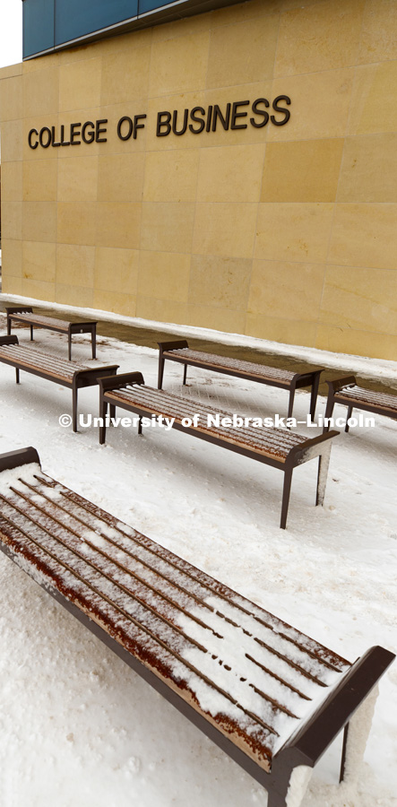 Snowy day, benches in front of the College of Business. January 23, 2018. Photo by Craig Chandler / University Communication.