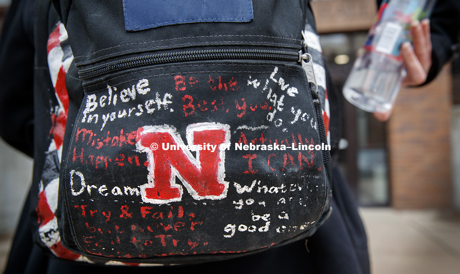 Larisa Epp has had the same backpack for all four years here at UNL and has decorated it during her time. Epp is a senior in graphic design and advertising, Undergraduates submitting work to be judged for an art show in Richards Hall. January 31, 2018.