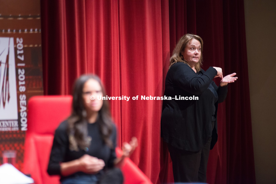 Barbara Woodhead, Assistant Director for Services for Students with Disabilities, signs at the E.N. Thompson Forum with Misty Copeland. February 13, 2018. Photo by Greg Nathan, University Communication Photography.