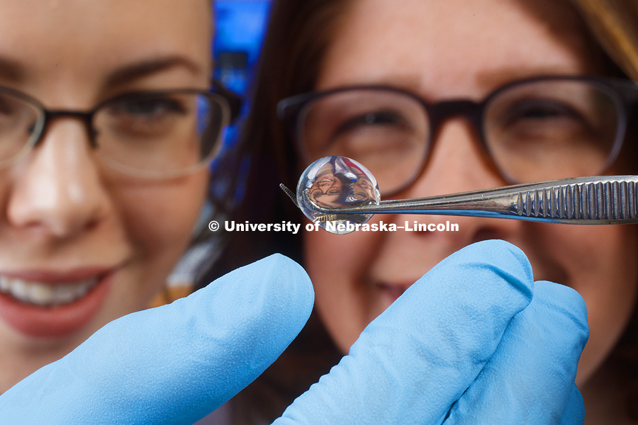 Angela Pannier, Associate Professor of Biological Systems Engineering, right, and BSE graduate student Amy Mantz are refracted in a hydrogel in the Pannier Lab. Her lab uses alginate hydrogels as a three-dimensional matrix to support the growth of cartilage. Photographed for the N150 anniversary book. February 14, 2018. Photo by Craig Chandler / University Communication.