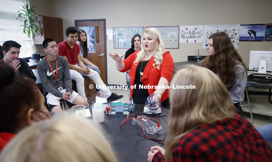 Cassidy Daly gives a DNA demonstration while doing her Biology student teaching at Northeast High School. February 16, 2019. Photo by Craig Chandler / University Communication.